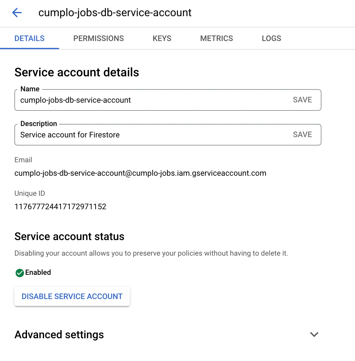 Service Account details